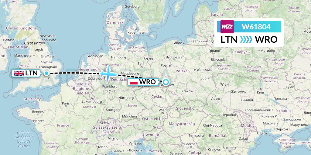 W61804 Wizz Air Flight Map: London to Wroclaw