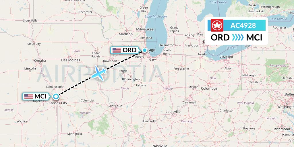 AC4928 Air Canada Flight Map: Chicago to Kansas City