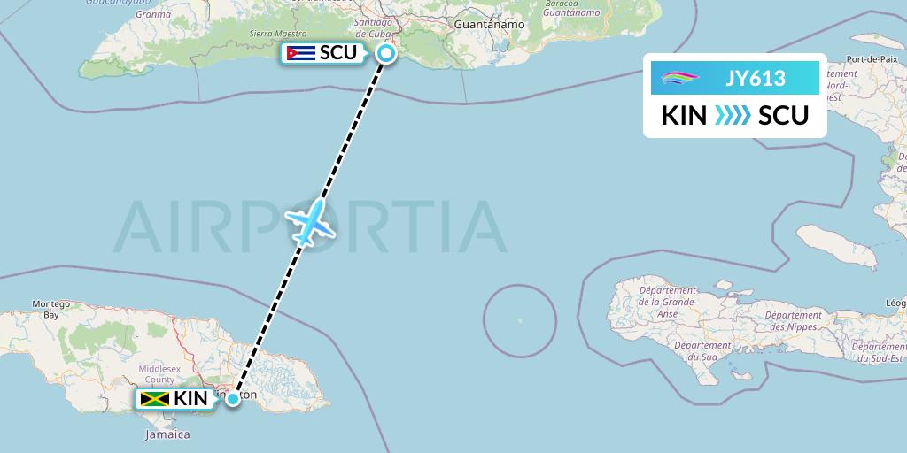 JY613 InterCaribbean Airways Flight Map: Kingston to Santiago de Cuba