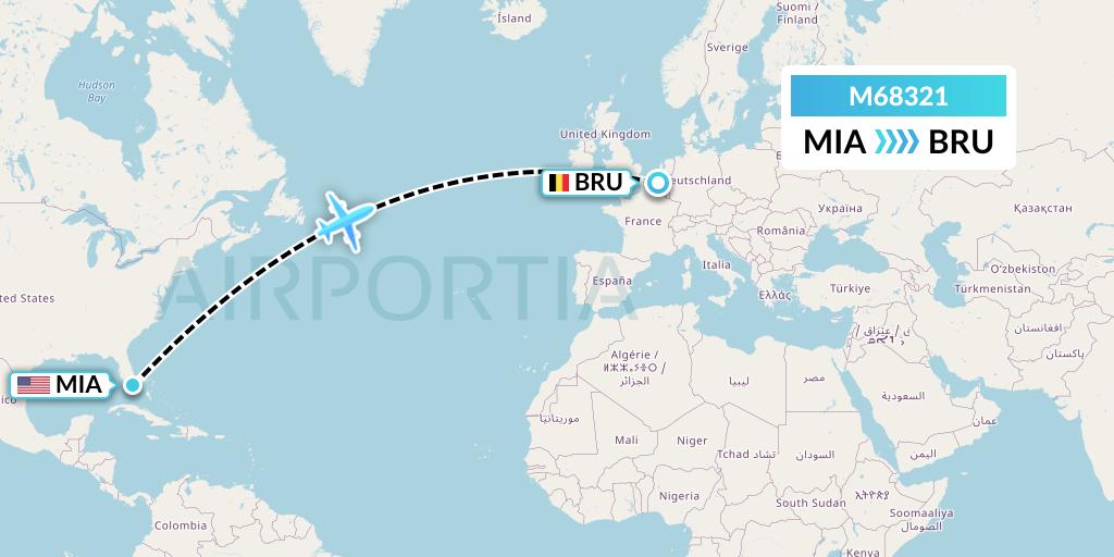 M68321 Amerijet International Flight Map: Miami to Brussels