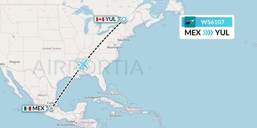 WS6107 WestJet Flight Map: Mexico City to Montreal