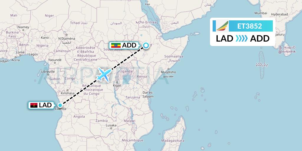 ET3852 Ethiopian Airlines Flight Map: Luanda to Addis Ababa