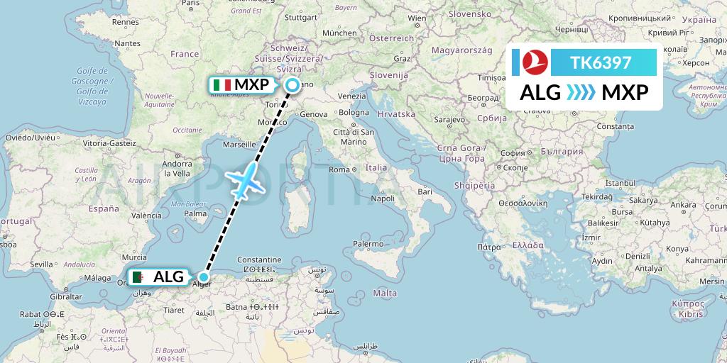 TK6397 Turkish Airlines Flight Map: Algiers to Milan