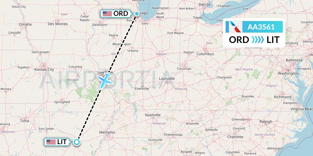 AA3561 American Airlines Flight Map: Chicago to Little Rock