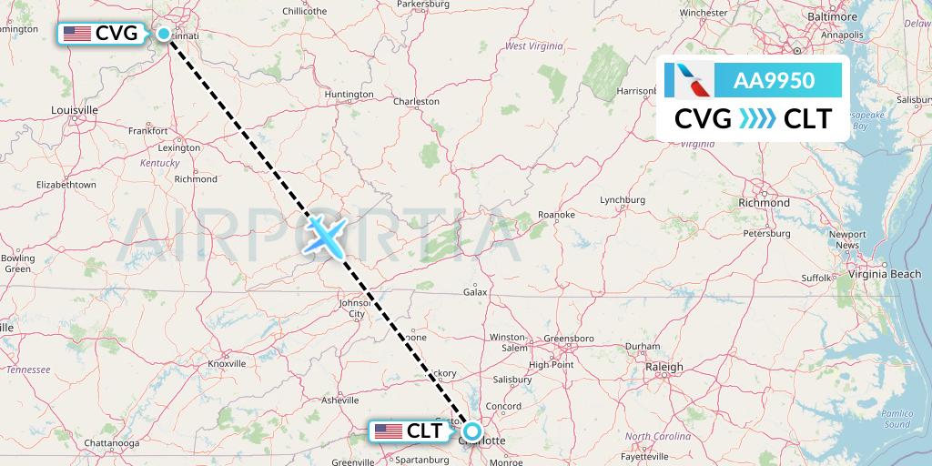 AA9950 American Airlines Flight Map: Cincinnati to Charlotte