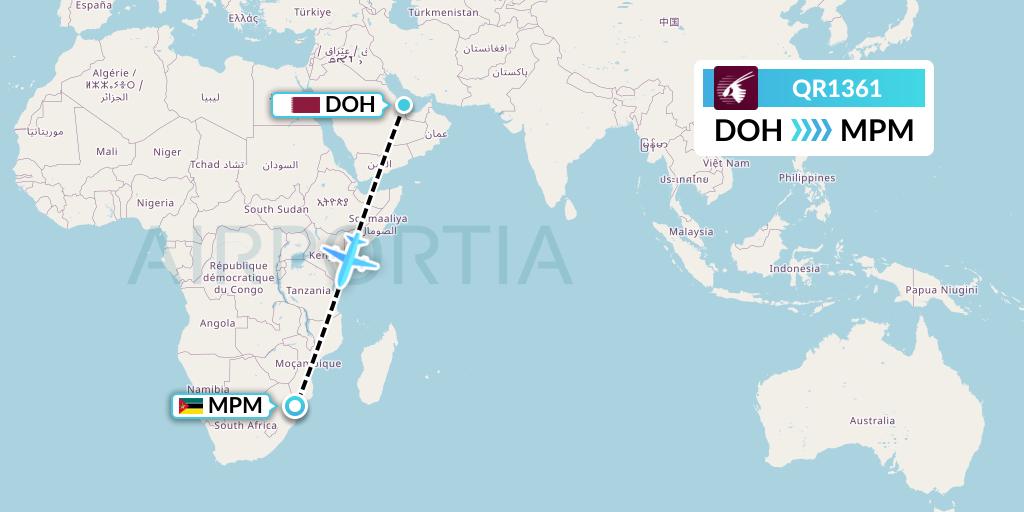 QR1361 Qatar Airways Flight Map: Doha to Maputo