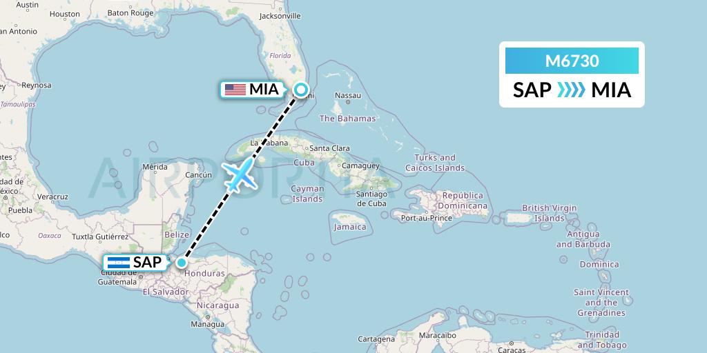 M6730 Amerijet International Flight Map: San Pedro Sula to Miami