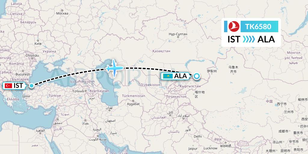 TK6580 Turkish Airlines Flight Map: Istanbul to Almaty