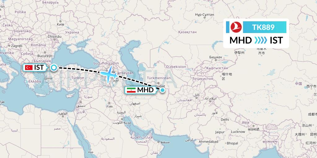 TK889 Turkish Airlines Flight Map: Mashhad to Istanbul