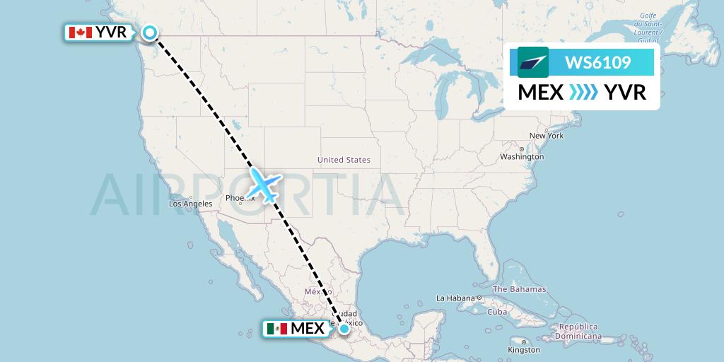 WS6109 WestJet Flight Map: Mexico City to Vancouver