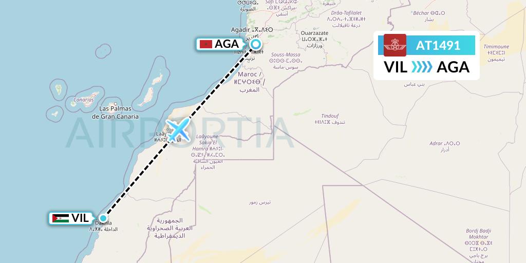 AT1491 Royal Air Maroc Flight Map: Dakhla to Agadir