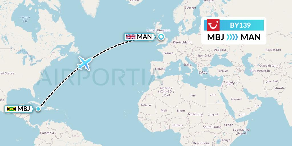 BY139 TUI Airways Flight Map: Montego Bay to Manchester