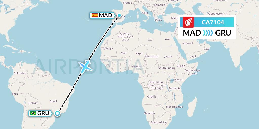 CA7104 Air China Flight Map: Madrid to Sao Paulo