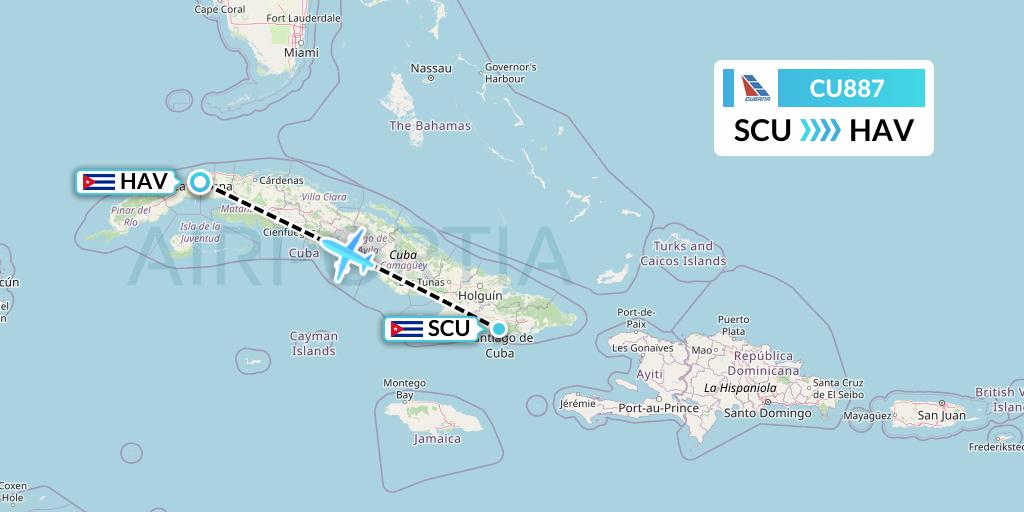 CU887 Cubana Flight Map: Santiago de Cuba to Havana