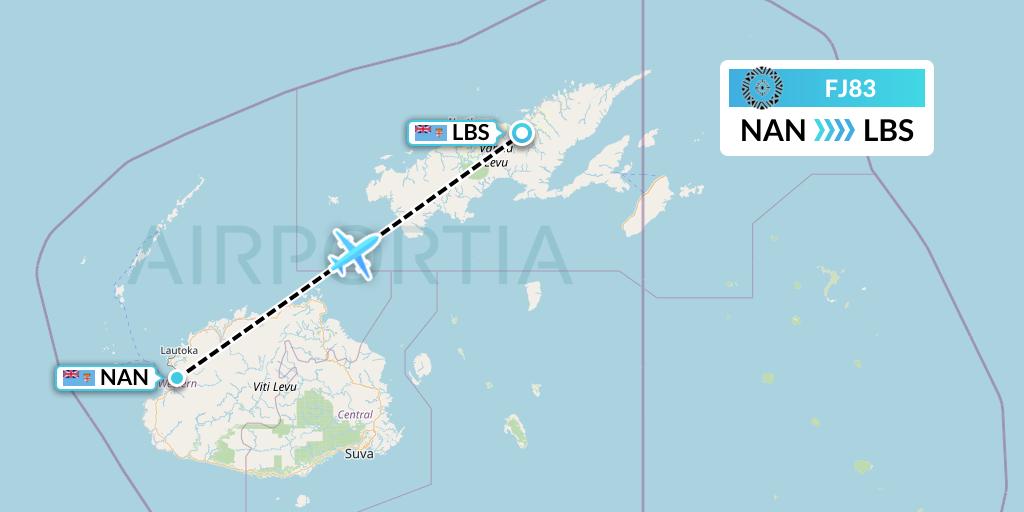 FJ83 Fiji Airways Flight Map: Nadi to Labasa