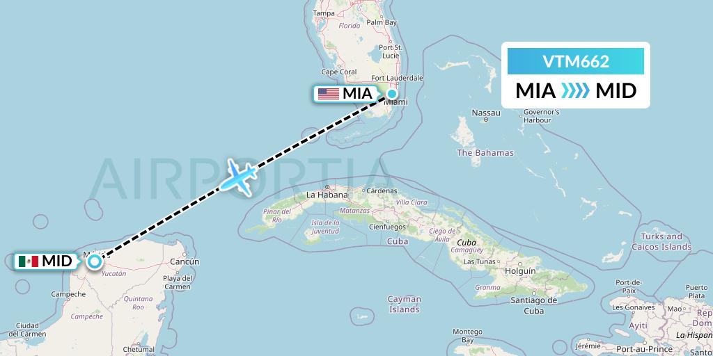 VTM662 Aeronaves TSM Flight Map: Miami to Merida