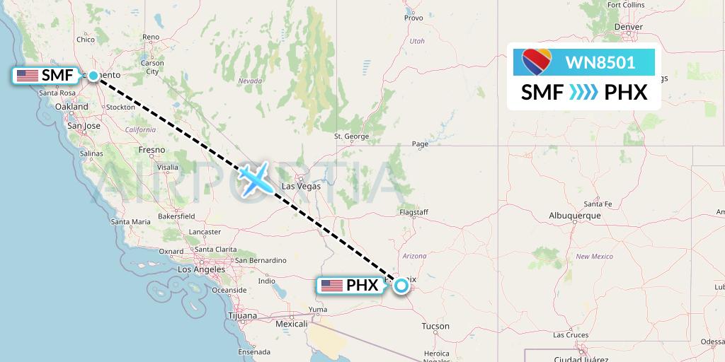 WN8501 Southwest Airlines Flight Map: Sacramento to Phoenix