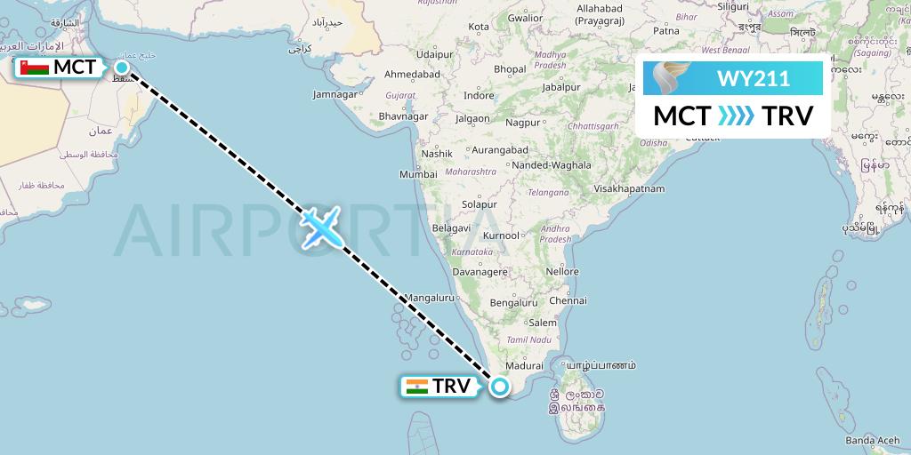 WY211 Oman Air Flight Map: Muscat to Thiruvananthapuram