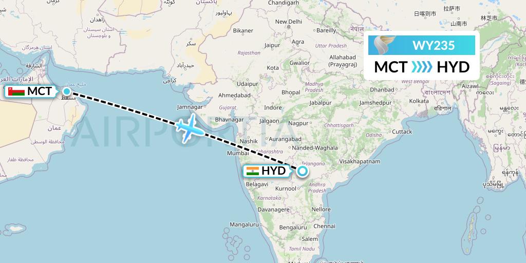 WY235 Oman Air Flight Map: Muscat to Hyderabad