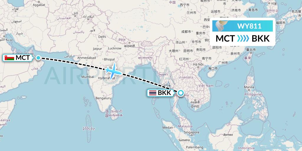 WY811 Oman Air Flight Map: Muscat to Bangkok