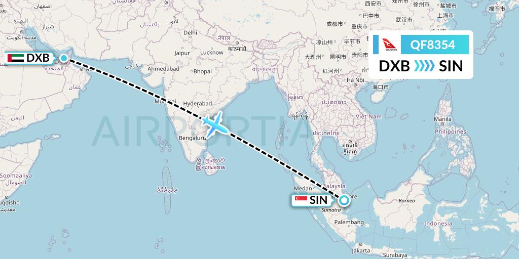 QF8354 Qantas Flight Map: Dubai to Singapore