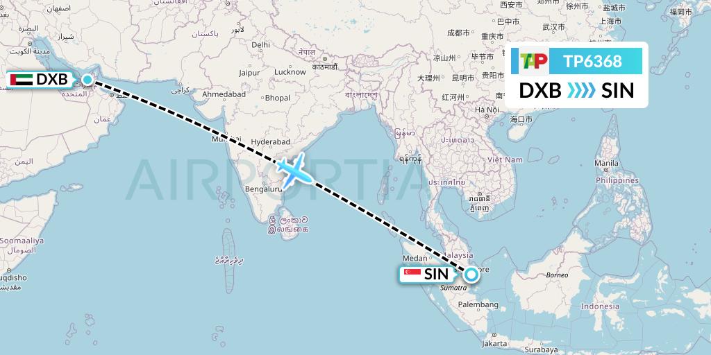 TP6368 TAP Portugal Flight Map: Dubai to Singapore