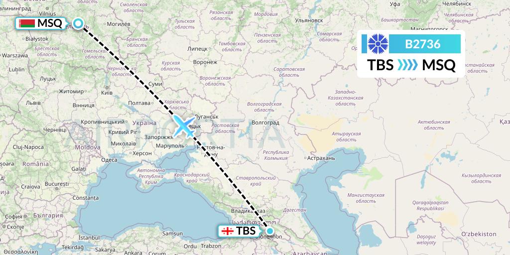 B2736 Belavia Flight Map: Tbilisi to Minsk