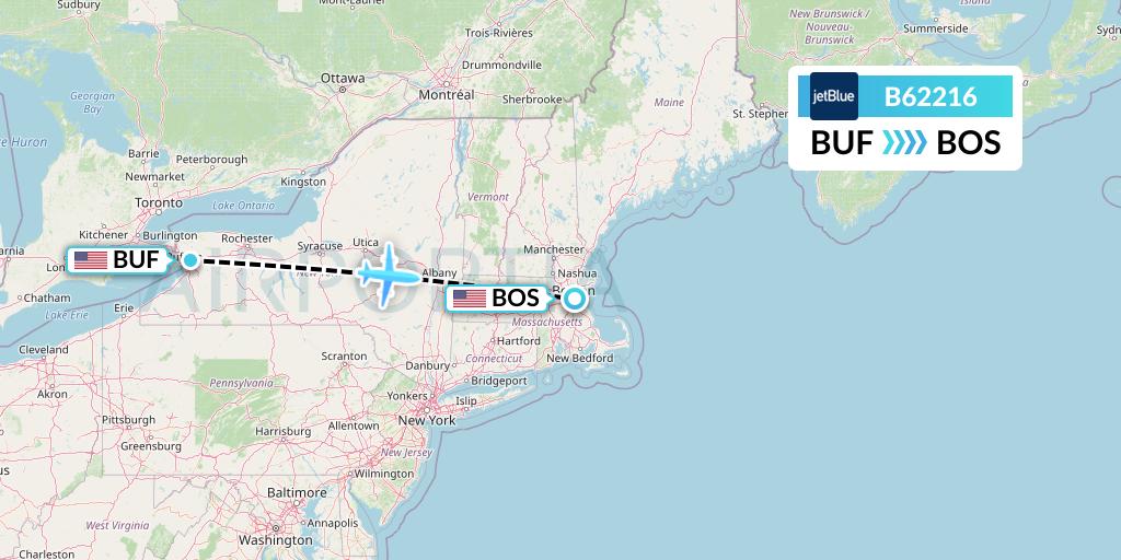 B62216 JetBlue Airways Flight Map: Buffalo to Boston