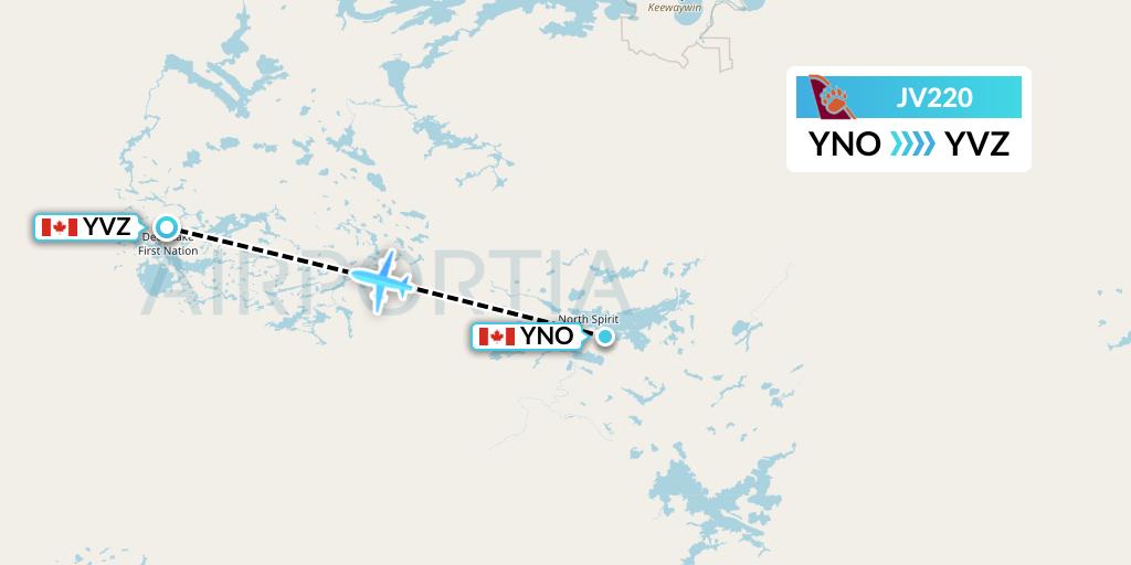 JV220 Bearskin Airlines Flight Map: North Spirit Lake to Deer Lake