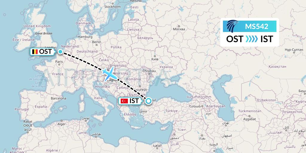 MS542 EgyptAir Flight Map: Ostend to Istanbul
