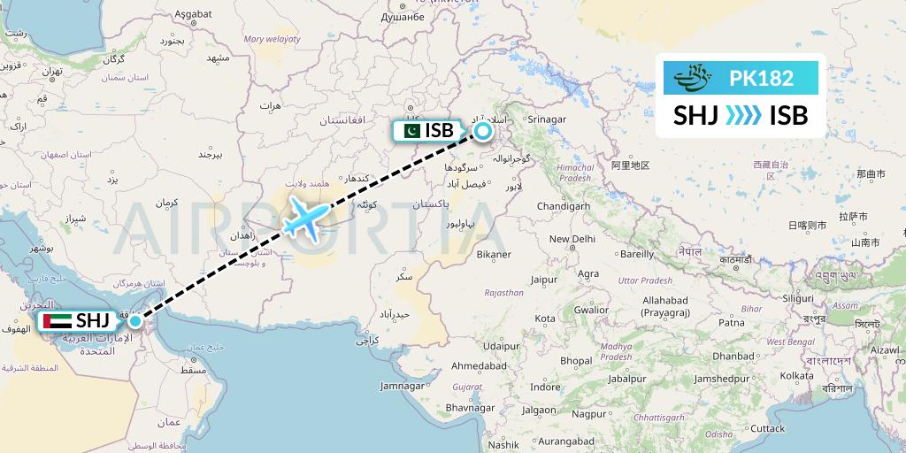 PK182 Pakistan International Airlines Flight Map: Sharjah to Islamabad