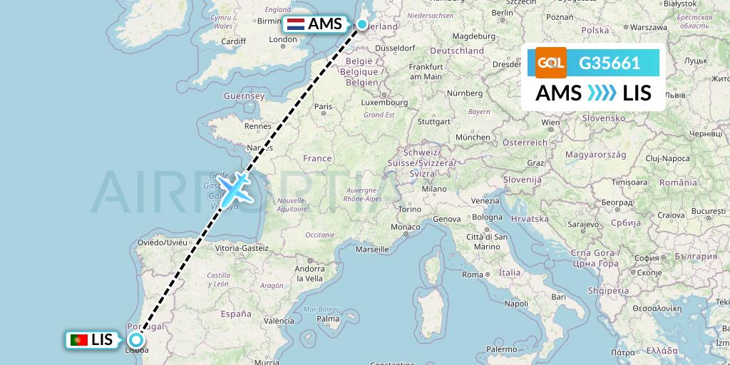G35661 GOL Transportes Aeros Flight Map: Amsterdam to Lisbon