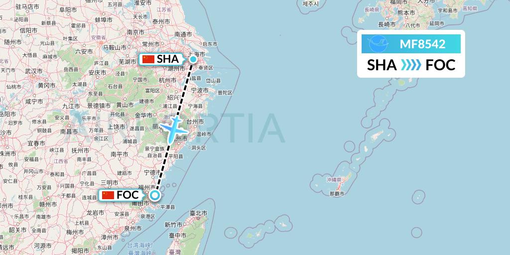 MF8542 Xiamen Airlines Flight Map: Shanghai to Fuzhou