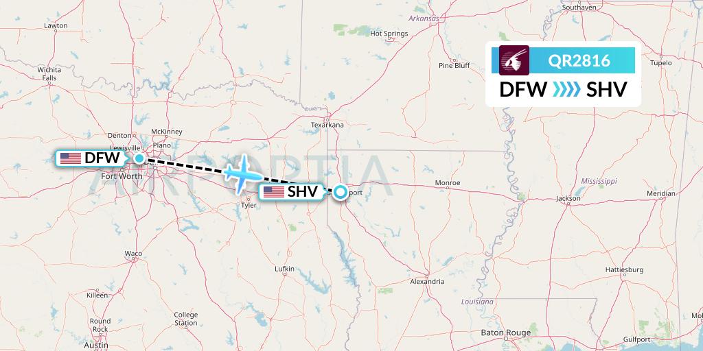QR2816 Qatar Airways Flight Map: Dallas to Shreveport