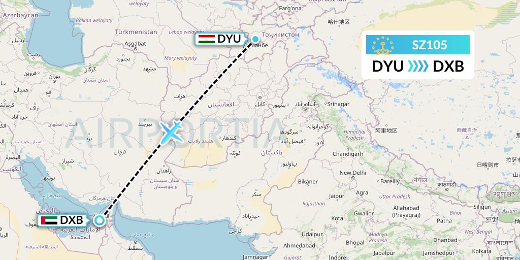 SZ105 Somon Air Flight Map: Dushanbe to Dubai