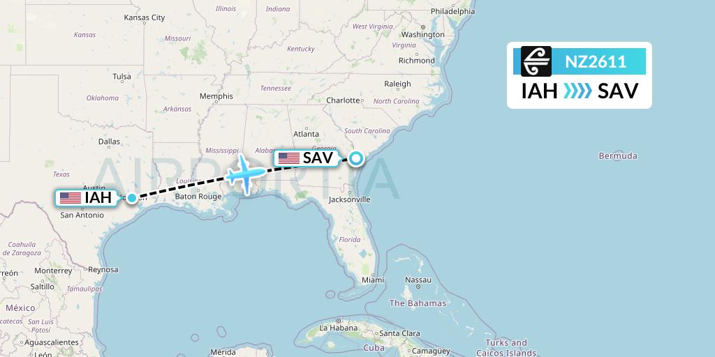 NZ2611 Air New Zealand Flight Map: Houston to Savannah