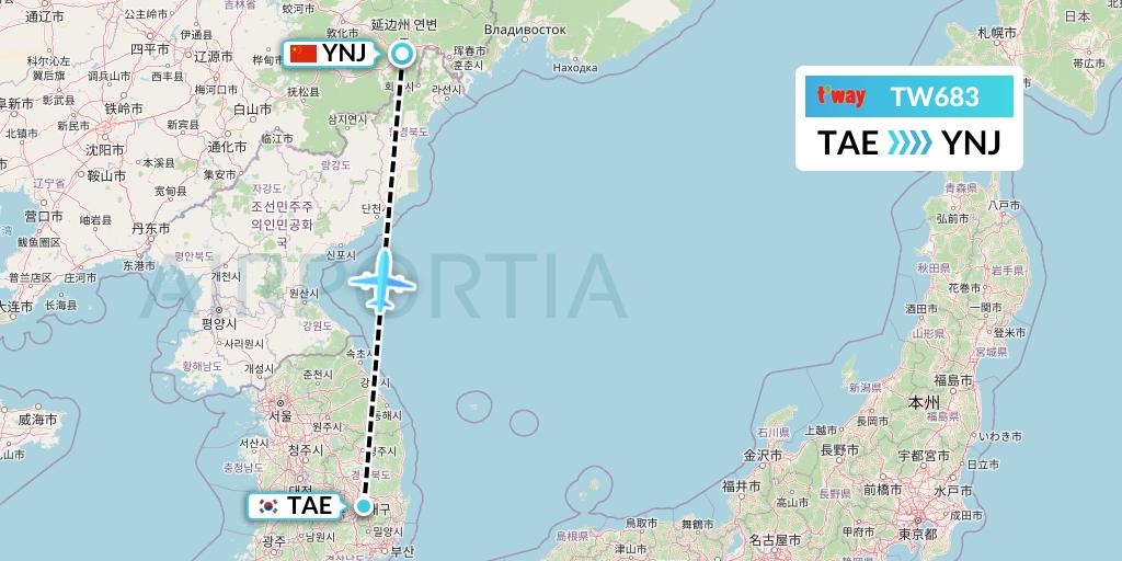TW683 T'way Air Flight Map: Daegu to Yanji
