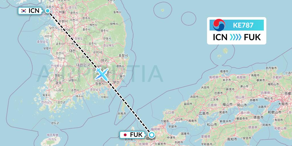 KE787 Korean Air Flight Map: Seoul to Fukuoka