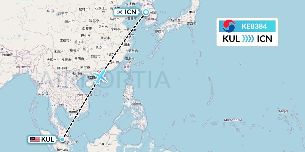 KE8384 Korean Air Flight Map: Kuala Lumpur to Seoul