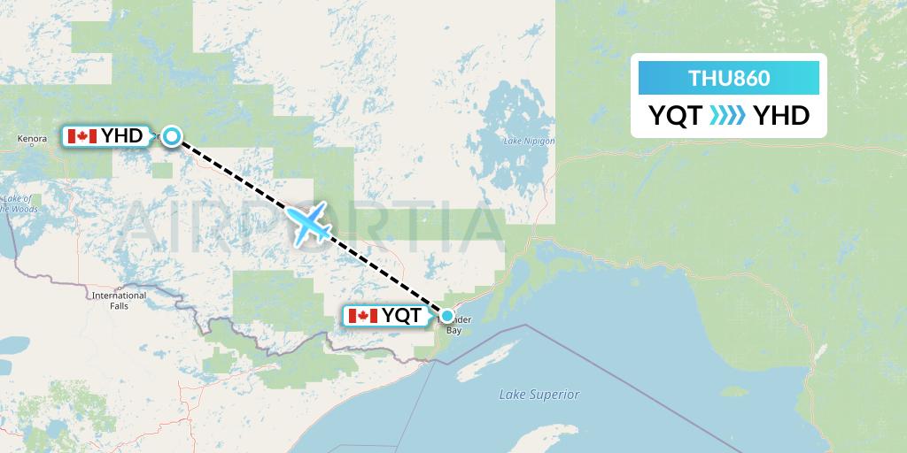 THU860 Thunder Airlines Flight Map: Thunder Bay to Dryden