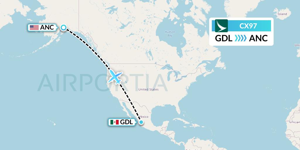CX97 Cathay Pacific Flight Map: Guadalajara to Anchorage