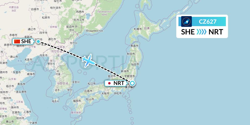 CZ627 China Southern Airlines Flight Map: Shenyang to Tokyo