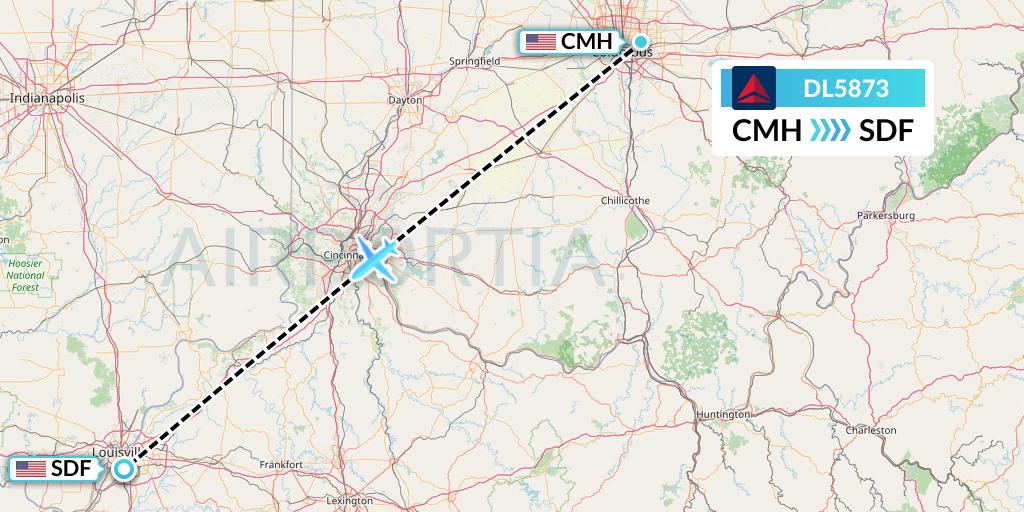 DL5873 Delta Air Lines Flight Map: Columbus to Louisville