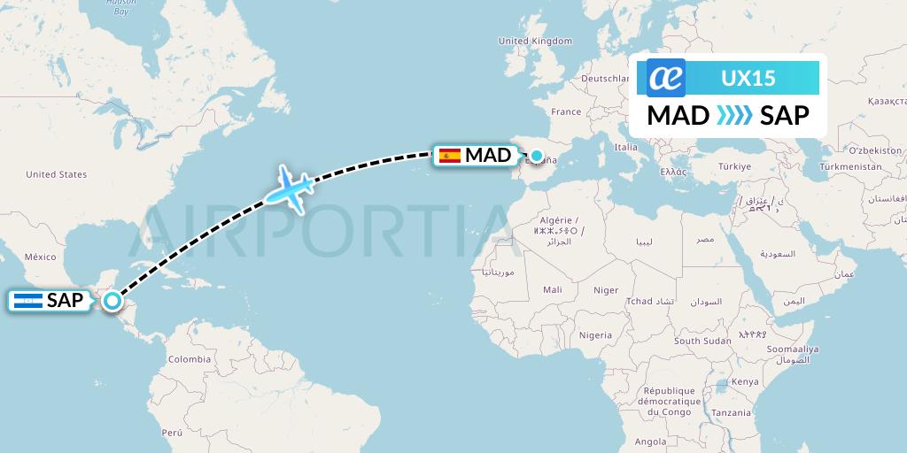 UX15 Air Europa Flight Map: Madrid to San Pedro Sula