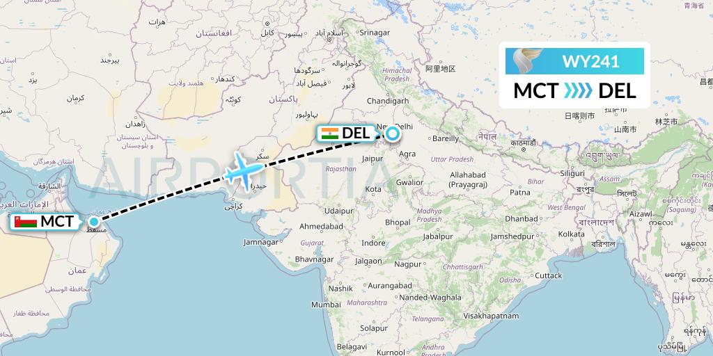 WY241 Oman Air Flight Map: Muscat to Delhi