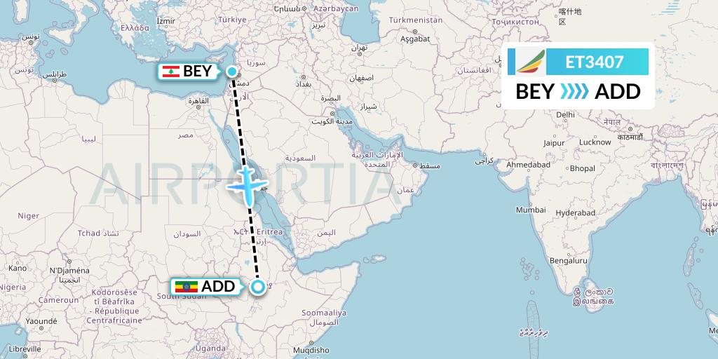 ET3407 Ethiopian Airlines Flight Map: Beirut to Addis Ababa