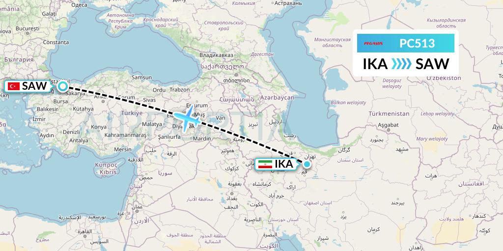 PC513 Pegasus Airlines Flight Map: Tehran to Istanbul