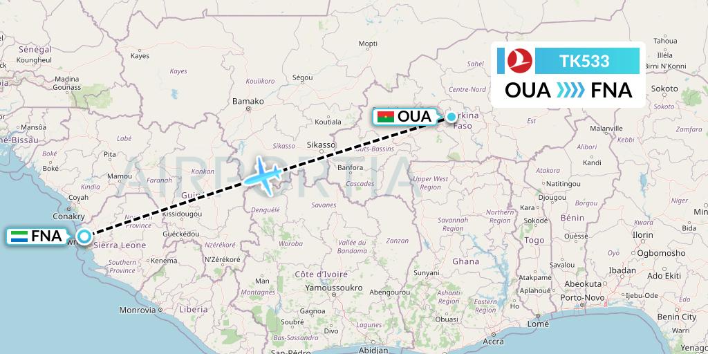TK533 Turkish Airlines Flight Map: Ouagadougou to Freetown
