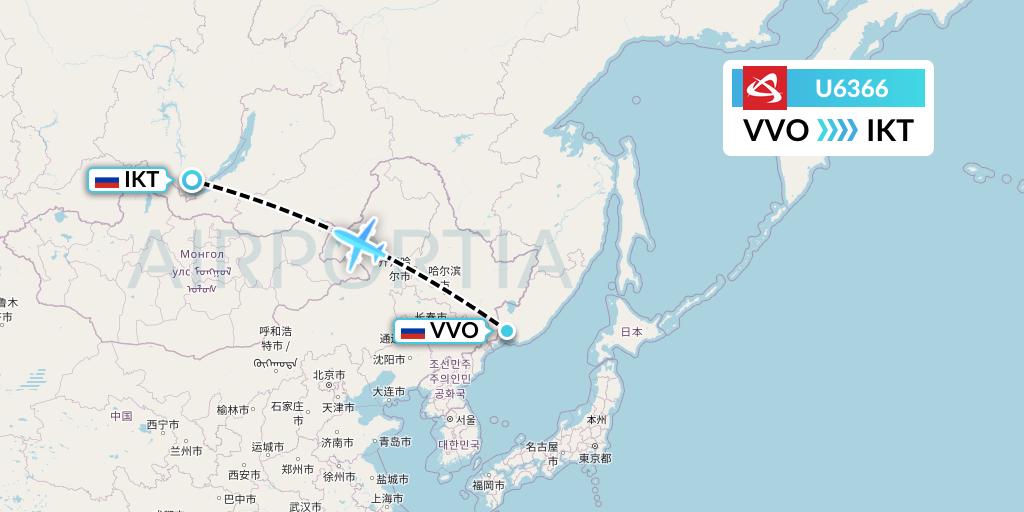 U6366 Ural Airlines Flight Map: Vladivostok to Irkutsk