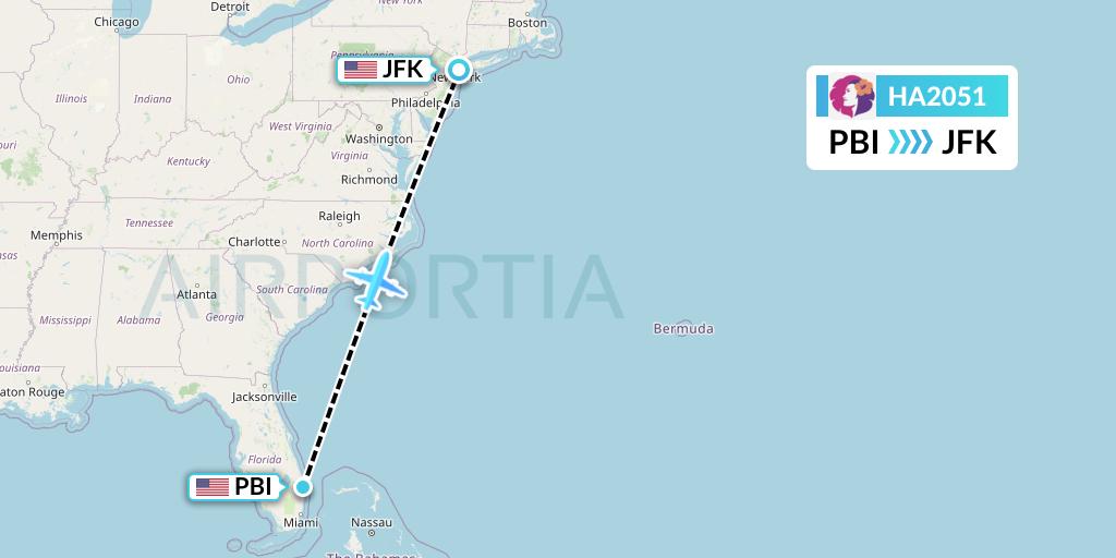 HA2051 Hawaiian Airlines Flight Map: West Palm Beach to New York